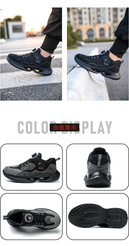 Zapatos de seguridad de trabajo con botón giratorio para hombres y mujeres, zapatos con puntera de acero, botas de seguridad indestructibles, zapatillas de trabajo protectoras ligeras.