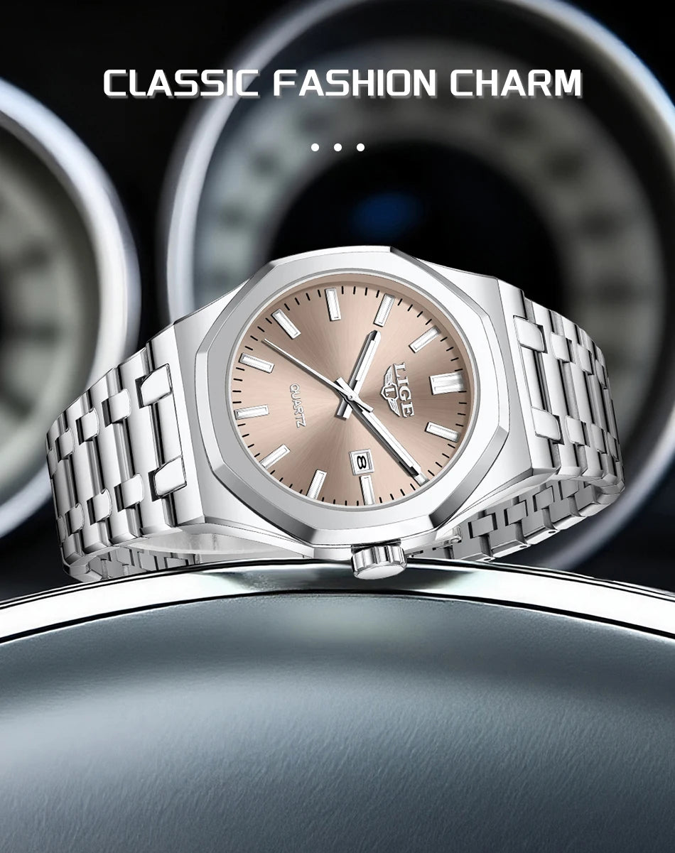Reloj para hombre LIGE, resistente al agua, de acero inoxidable, luminoso, de negocios, de cuarzo, de moda, con calendario