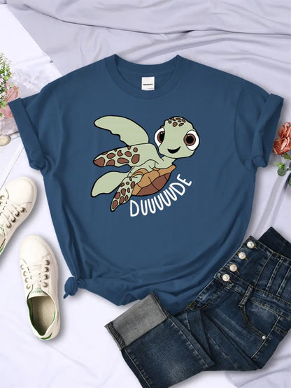 Camisetas sencillas para mujer, con estampado de letras de tortuga de dibujos animados, camisetas cómodas y suaves con cuello redondo, ropa informal de verano para mujer