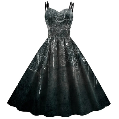 Halloween Costume Skeleton Rose Print Women Girl Female Goth Horror Rockabilly Carnival Fancy Dress Up Party Performance