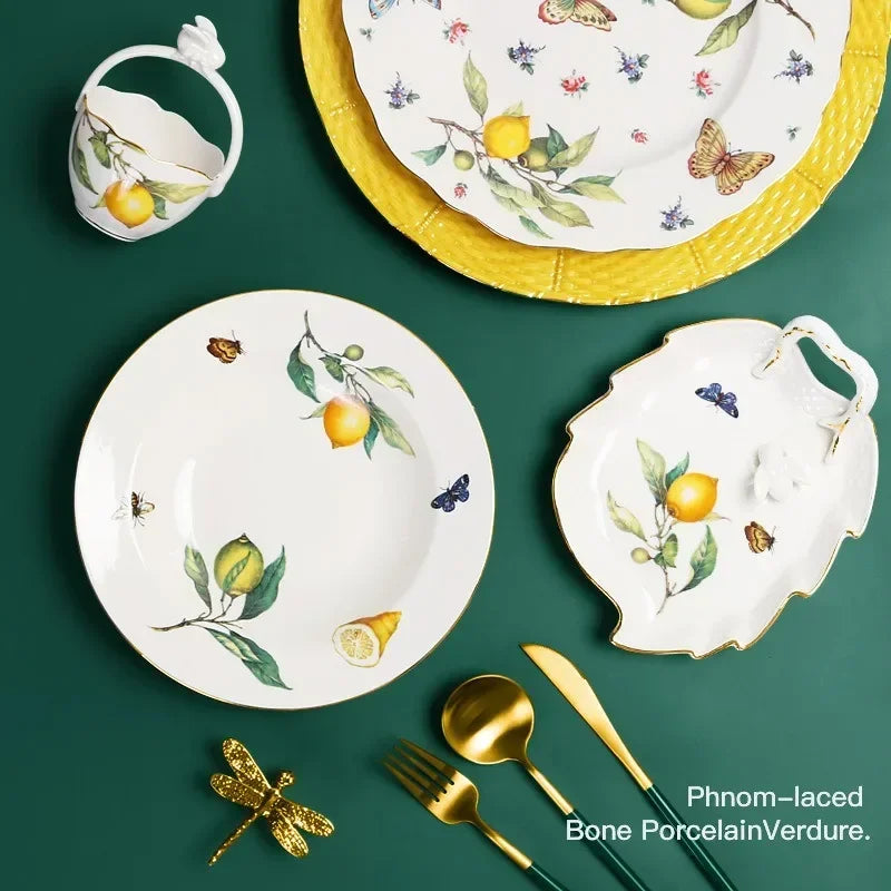 Plato de cerámica de estilo europeo para cena, elegante plato de carne con diseño de limón, juego de taza de café, plato de postre de cocina occidental