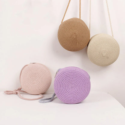 Bolso redondo de paja para mujer, tejido a mano, tipo bandolera, para playa, bonito bolso de mano pequeño de ratán tejido a mano, de color caramelo