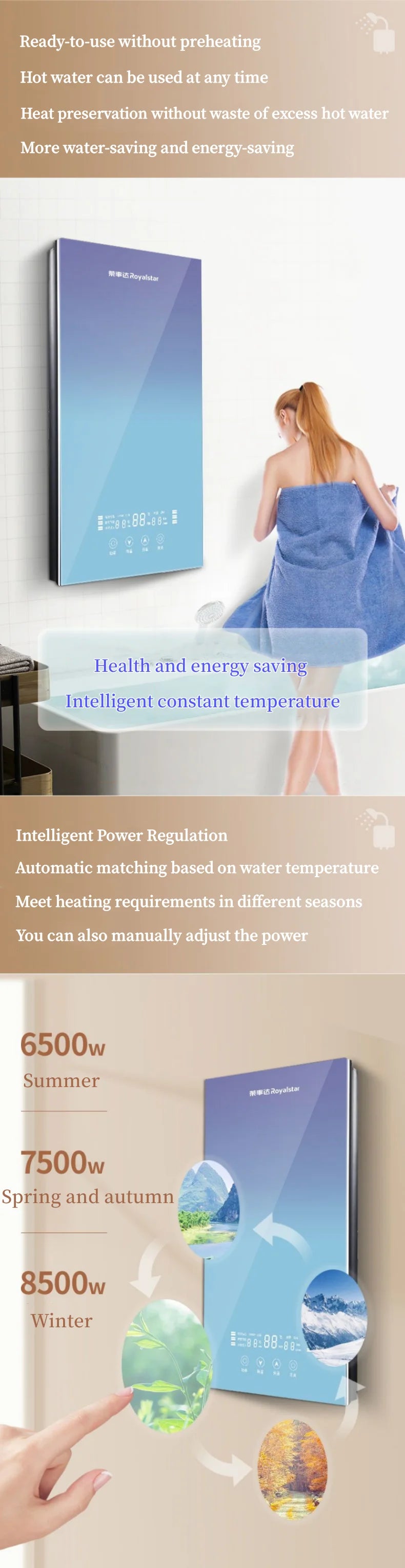 Calentador de agua eléctrico de calentamiento instantáneo para hogares pequeños. Calentamiento rápido, 8500 W. Temperatura constante inteligente. Sin depósito de agua.