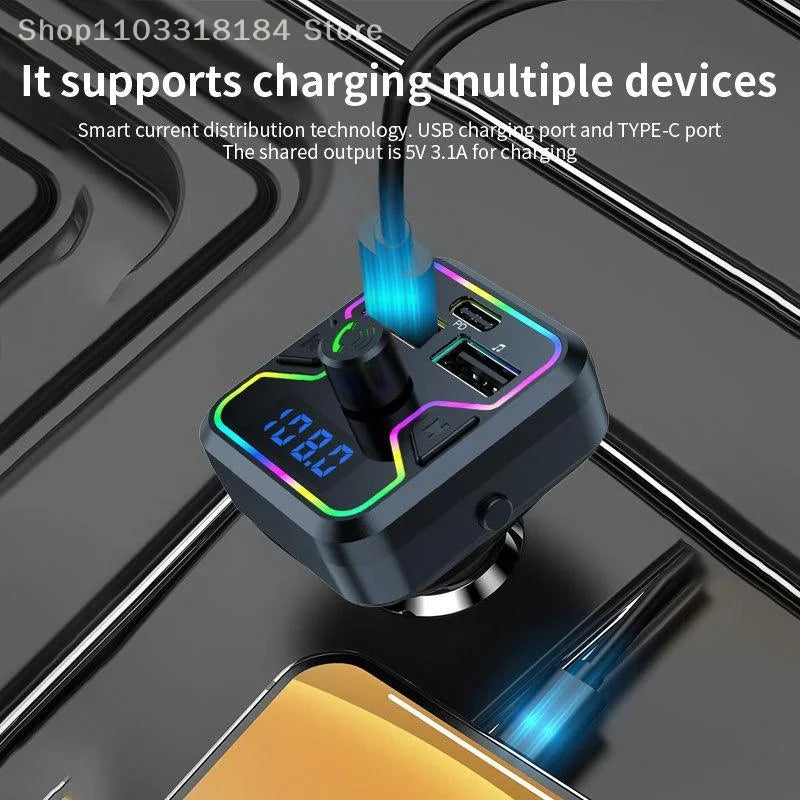 Transmisor FM Bluetooth 5.3, receptor inalámbrico, reproductor MP3, cargador de coche, carga rápida USB PD, adaptador de kit manos libres para coche