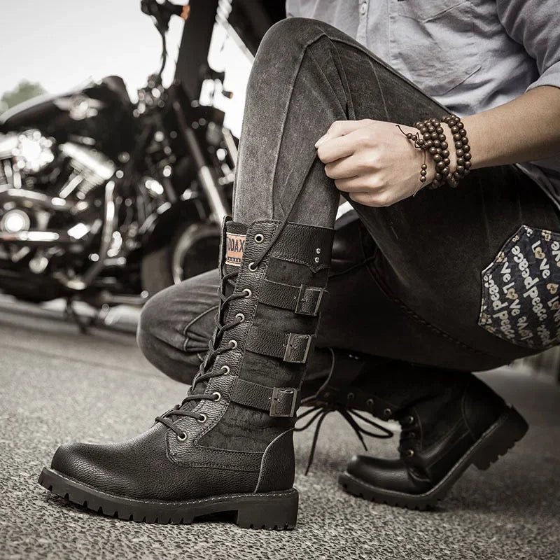 Botas vaqueras altas para hombre, zapatos con refuerzo interior, transpirables, de talla grande, informales, para motocicleta, 2025