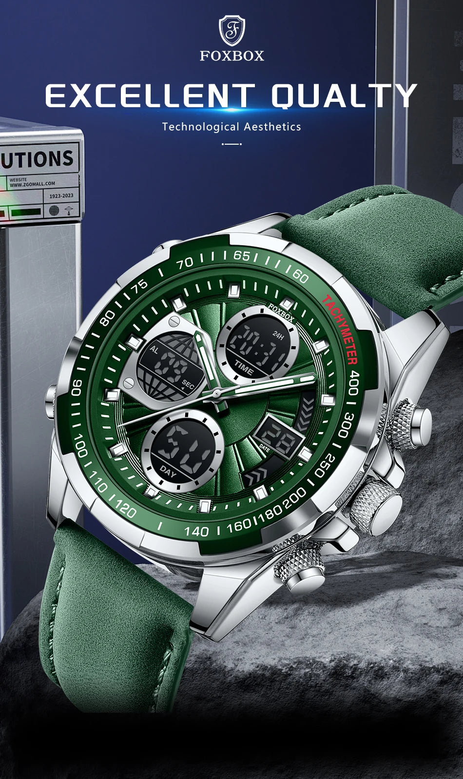 FOXBOX - Reloj de lujo para hombre, de marca superior, con alarma LED, de cuarzo, de cuero, resistente al agua, luminoso