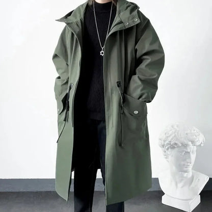 2025 Spring Autumn  Green Windbreaker Fashion Men Mid-length Casual Hooded Coat Men Daily High Street Overcoat Male Clothes