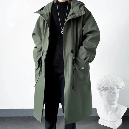 2025 Spring Autumn  Green Windbreaker Fashion Men Mid-length Casual Hooded Coat Men Daily High Street Overcoat Male Clothes
