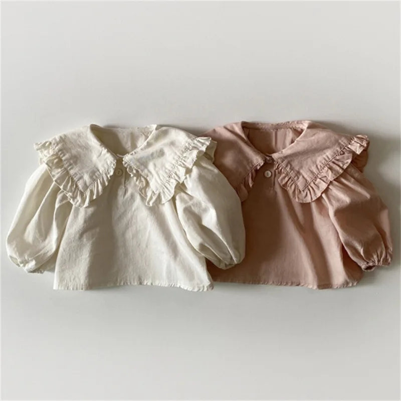 Ropa infantil, moda coreana de primavera 2025, nueva blusa para niñas, camisa informal con solapa de encaje