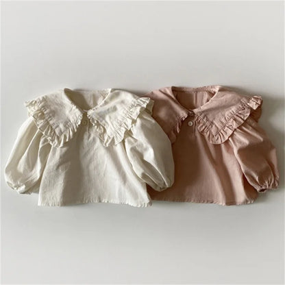 Ropa infantil, moda coreana de primavera 2025, nueva blusa para niñas, camisa informal con solapa de encaje