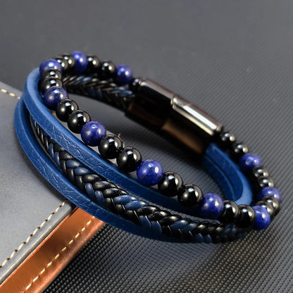 Pulseras de cuentas punk para hombre, estilo clásico, de lapislázuli azul, multicapa, de cuero, joyería, regalo, 2025