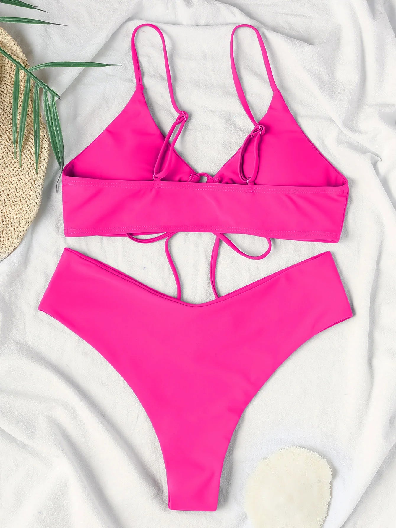 Nuevo conjunto de bikini de alta elasticidad para verano de 2025, dos piezas, color sólido, con cordones, traje de baño sexy para mujer, traje de baño de playa.