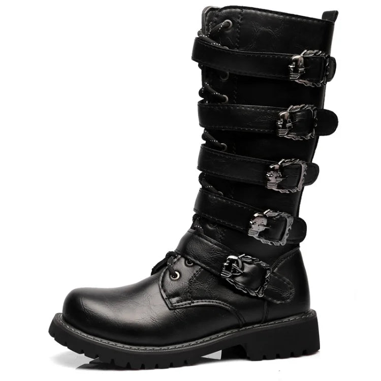 Botas altas de cuero para hombre, estilo motero, de invierno, estilo gótico punk, para hombre, estilo militar informal, para uso exterior.