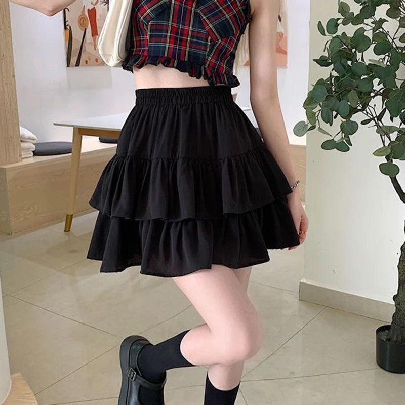 Falda plisada de corte A para mujer, blanca, con volantes, estilo dulce y escalonado, cintura elástica, estilo Harajuku coreano básico y ajustado para verano