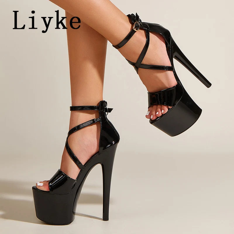Liyke Fashion Runway Sandalias de plataforma con tiras al tobillo para mujer, de verano, de charol, con punta abierta y cremallera, tacones altos sexis de 17 cm, zapatos de baile en barra