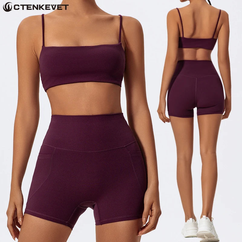 Ctenkevet - Conjunto de dos piezas para mujer, para gimnasio, entrenamiento, sujetador de yoga, pantalones cortos, ropa deportiva, camisola de secado rápido