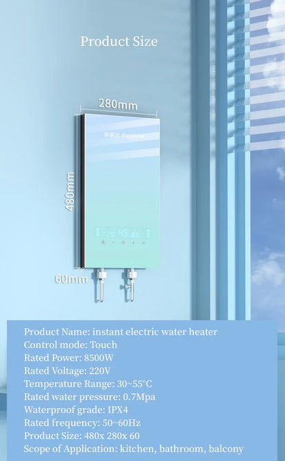 Calentador de agua eléctrico de calentamiento instantáneo para hogares pequeños. Calentamiento rápido, 8500 W. Temperatura constante inteligente. Sin depósito de agua.