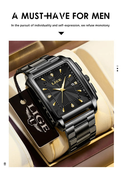 LIGE - Reloj de negocios de moda para hombre, cuadrado, deportivo, resistente al agua, marca superior, de lujo, militar, de cuarzo, cronógrafo de pulsera