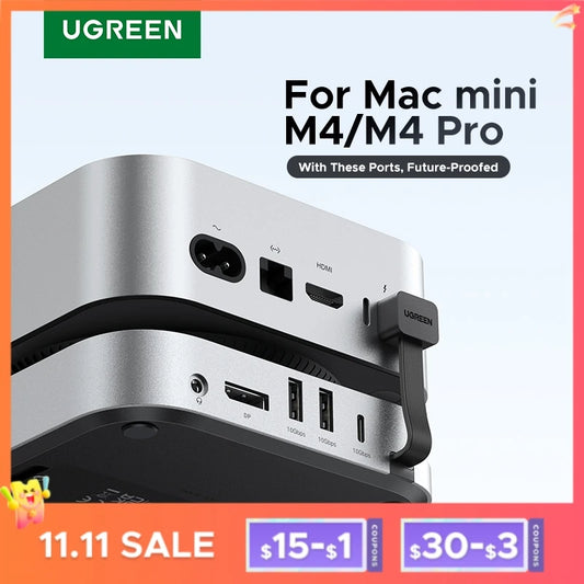 Estación de acoplamiento UGREEN para Mac Mini con concentrador USB Tipo-C a DP, 4K240Hz, ranura para SSD M.2 NVMe, 10Gbps, SD y TF de 3,5 mm para Mac Mini M4 (base y soporte).