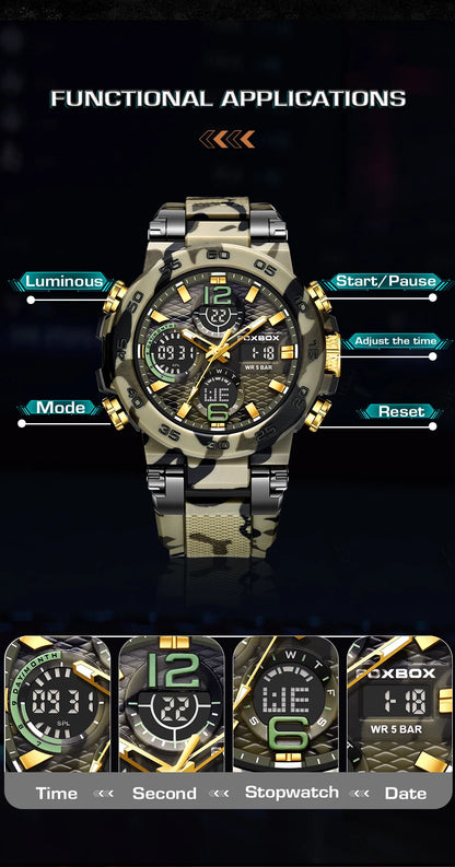 FOXBOX - Nuevo reloj deportivo para exteriores para hombre, reloj analógico digital de moda para negocios, reloj de pulsera de cuarzo con alarma resistente al agua y de silicona.