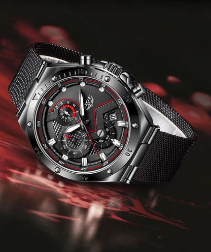 LIGE - Reloj de cuarzo de lujo para hombre, marca superior, moderno, de negocios, con correa de malla, resistente al agua, luminoso, cronógrafo