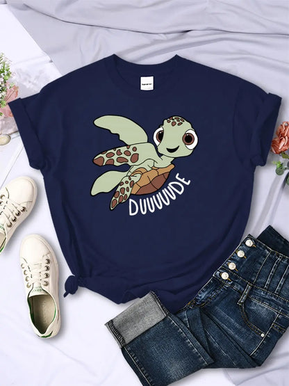Camisetas sencillas para mujer, con estampado de letras de tortuga de dibujos animados, camisetas cómodas y suaves con cuello redondo, ropa informal de verano para mujer