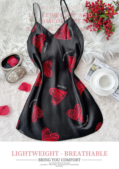 Camisón de satén con estampado de labios rojos para San Valentín, minivestido de dormir sin espalda y cuello en V para mujer