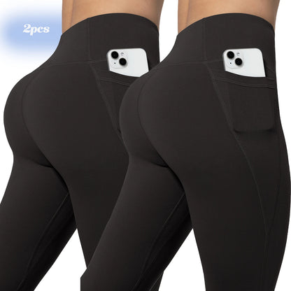 Leggings de yoga para mujer, 2 unidades, con bolsillos, color liso, para gimnasio, actividades al aire libre, cintura alta, ajustados, pantalones deportivos para correr.