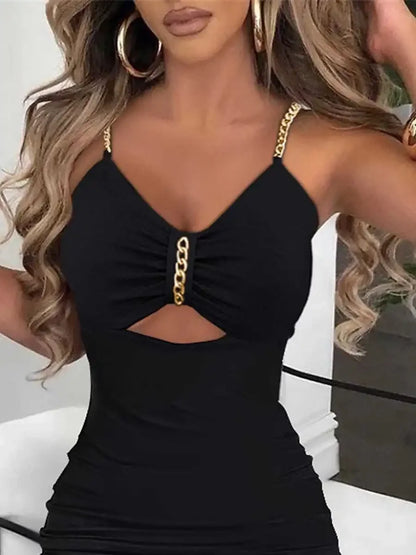 Women Side Split Chain Hollow Sheath Sleeveless V-neck High Waist Sexy Sexy Slim Dress