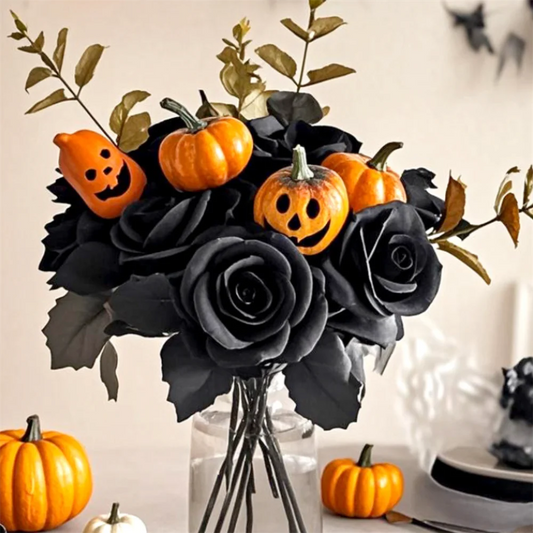 Ramo de flores artificiales para Halloween con calabazas y rosas negras, centro de mesa para el comedor y la sala de estar.