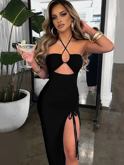 Vestido midi ajustado sin mangas, sexy, con espalda descubierta y escote en V para mujer, para fiesta y club nocturno