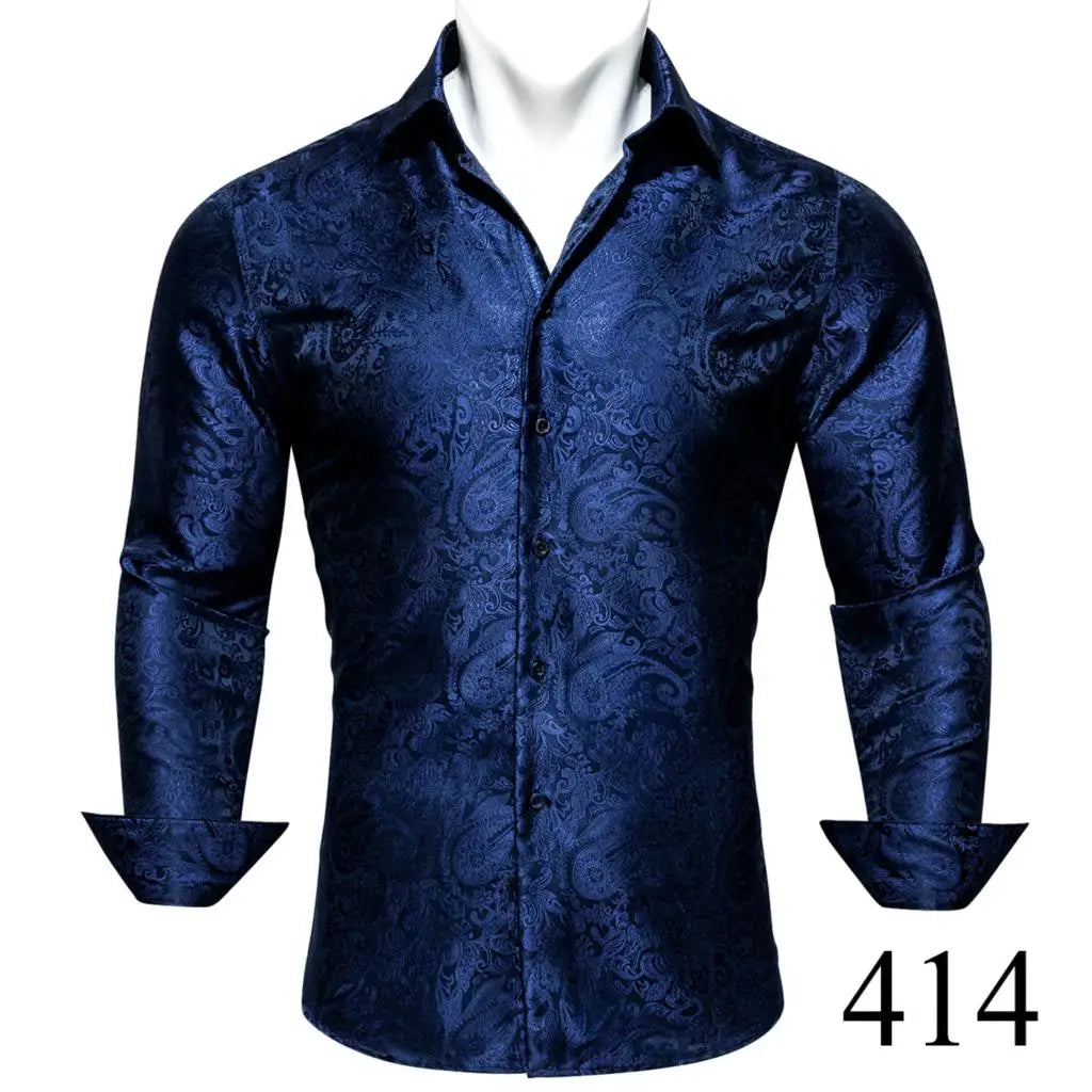 Camisas clásicas negras estampadas y bordadas para hombre, solapa de seda, manga larga, corte formal exquisito, ideales para eventos de negocios y fiestas. Barry.Wang CY-0407