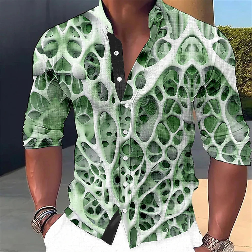 Camisa de manga larga para hombre con estampado abstracto 3D, cuello alto y botones. Diseños de moda urbana. Ropa de hombre.