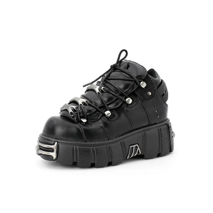 Zapatos de cuero estilo punk para mujer, con cordones, tacón de 6 cm de altura, plataforma, botines góticos para mujer, botas de motociclista de PU, zapatillas de suela gruesa
