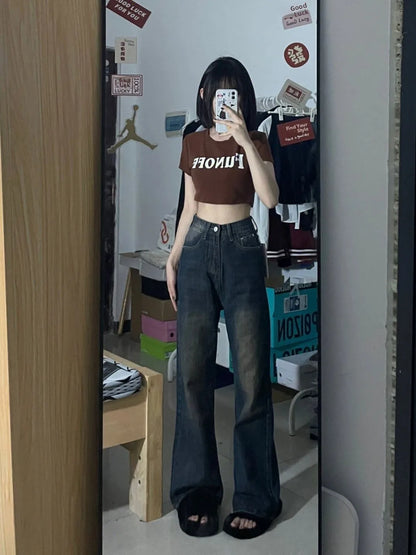 Pantalones vaqueros acampanados de pierna ancha y descoloridos estilo retro para mujer, nuevos de 2025, de cintura alta, holgados y adelgazantes, hasta el suelo.