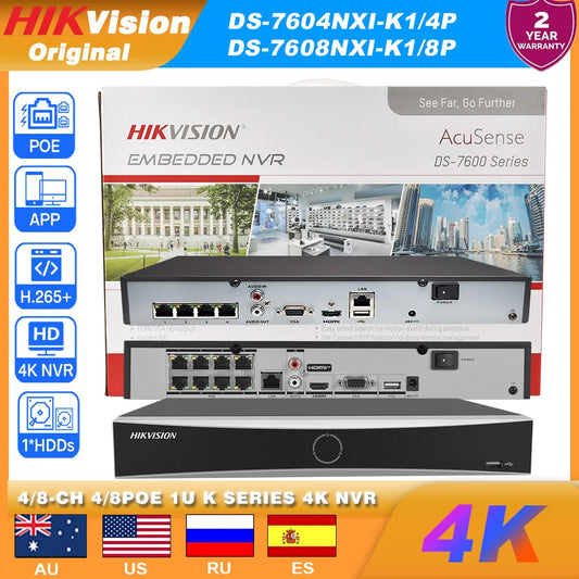 Grabador de vídeo en red (NVR) Hikvision DS-7604NXI-K1/4P y DS-7608NXI-K1/8P de 4 canales y 4 PoE, y grabador de vídeo en red (NVR) Acusense 1SATA con PoE para vigilancia