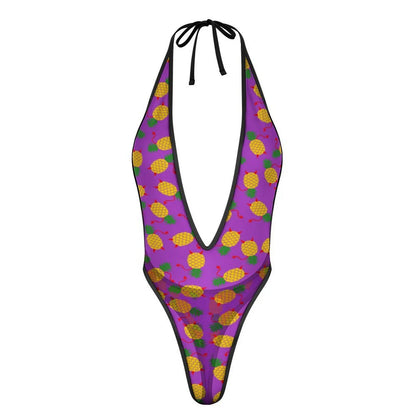 Traje de baño de una pieza para mujer, monokini con escote en V profundo, espalda descubierta y estampado de piña al revés, traje de baño sexy