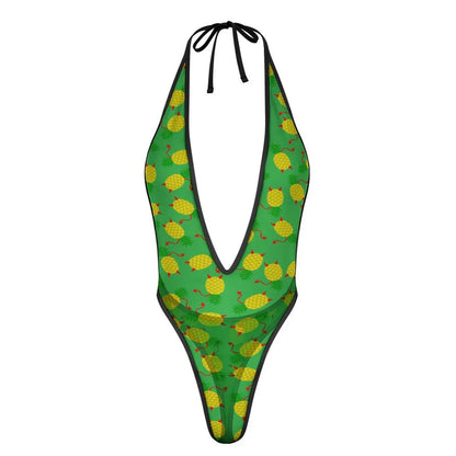 Traje de baño de una pieza para mujer, monokini con escote en V profundo, espalda descubierta y estampado de piña al revés, traje de baño sexy