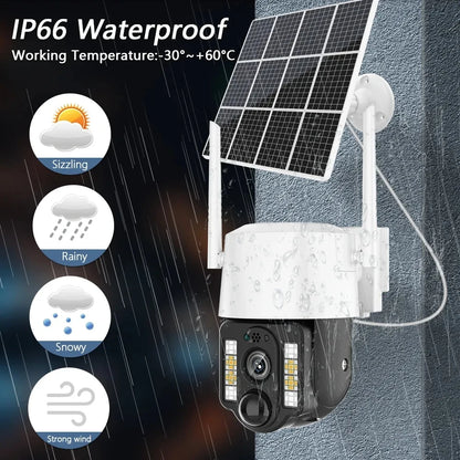 Cámara solar WiFi V380 Pro con zoom 10X, doble lente, resistente al agua, para exteriores, con protección IP, detección humana PIR y sistema de videovigilancia.