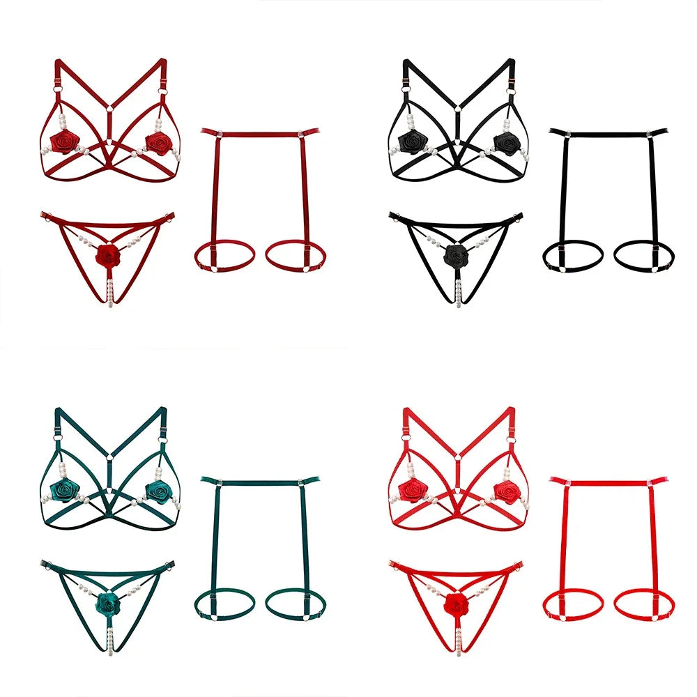 Lencería sexy para mujer, ropa interior abierta con abertura anal, sujetador con perlas huecas, pijama sexy de encaje, disfraz erótico de 3 piezas