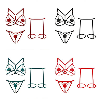 Lencería sexy para mujer, ropa interior abierta con abertura anal, sujetador con perlas huecas, pijama sexy de encaje, disfraz erótico de 3 piezas