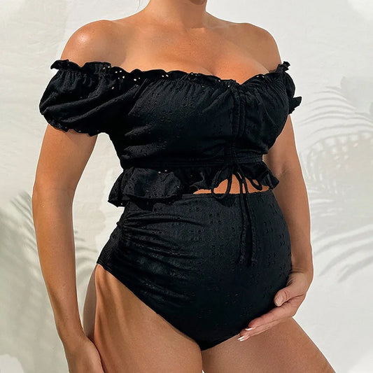 Conjunto de bikini de maternidad de cintura alta, traje de baño de dos piezas para mujeres embarazadas, traje de baño negro, traje de baño de playa de verano