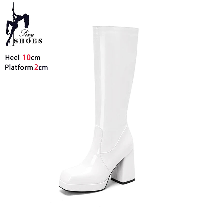 Botas altas impermeables para mujer, con plataforma de 10 cm y punta cuadrada, botines de invierno 2025 hasta la rodilla con tacón grueso, talla grande 43
