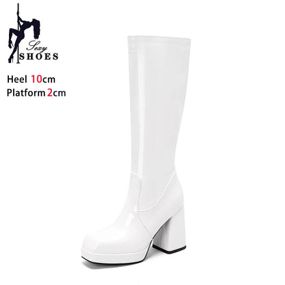 Botas altas impermeables para mujer, con plataforma de 10 cm y punta cuadrada, botines de invierno 2025 hasta la rodilla con tacón grueso, talla grande 43