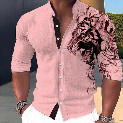 Camisa de manga larga para hombre con estampado abstracto 3D, cuello alto y botones. Diseños de moda urbana. Ropa de hombre.