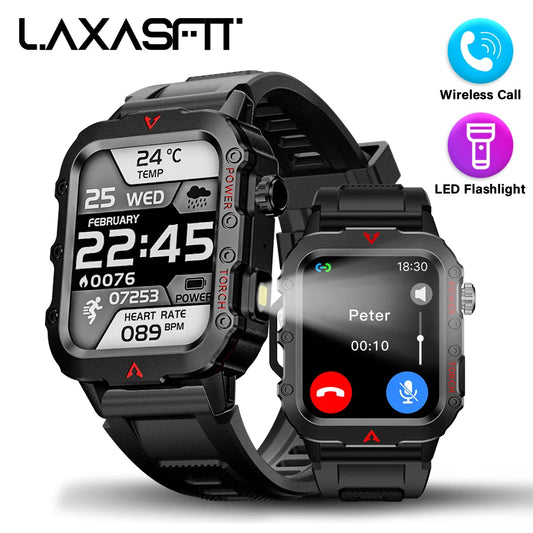 Reloj inteligente deportivo LAXASFIT para hombre con Bluetooth, monitor de frecuencia cardíaca, linterna LED, multifunción, para deportes al aire libre