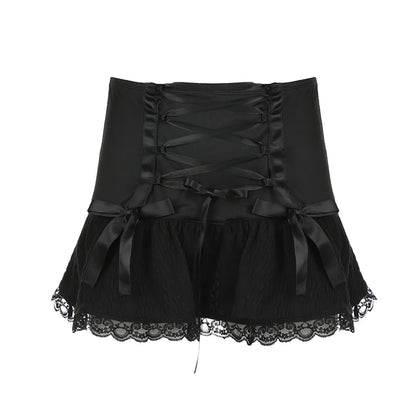 Minifalda Darlingaga gótica Y2K con ribete de encaje, estilo Harajuku, vintage, con lazo, estilo academia oscura, sexy, estilo grunge, estilo acampanado