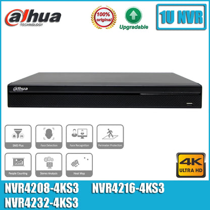 NVR Dahua original NVR4208-4KS3, NVR4216-4KS3 y NVR4232-4KS3, grabador de vídeo en red 4K de 8/16/32 canales, 1U, 2 discos duros, sin puertos PoE.