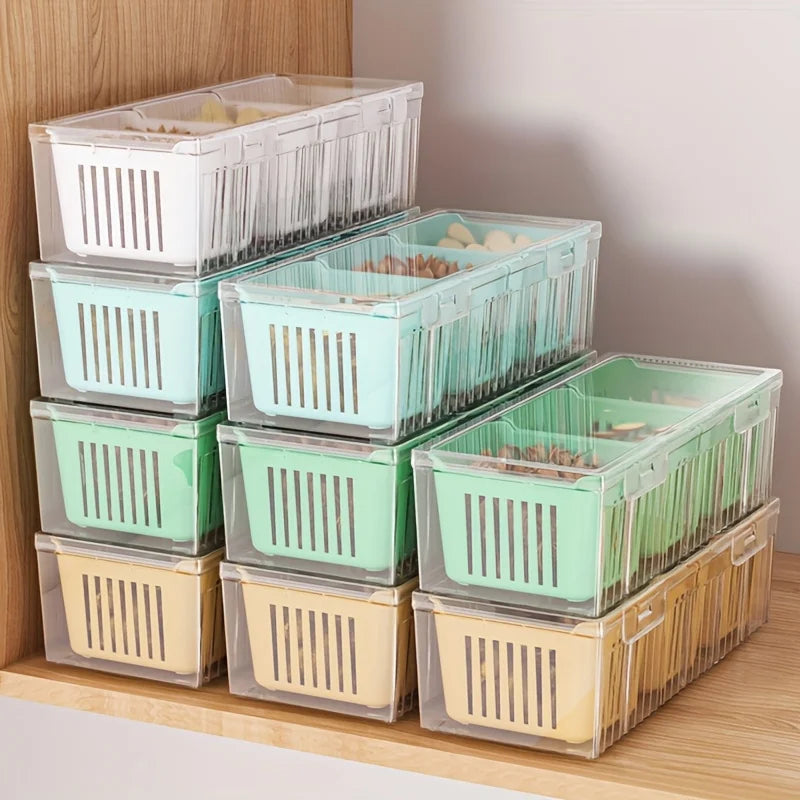 Cajas de almacenamiento para refrigerador de 3 rejillas, organizador para ajo, cebolla y pimiento, escurridor de frutas y verduras, recipientes sellados para cocina.