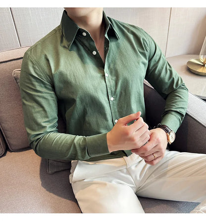 Camisa de hombre de color liso de alta calidad, 55 % algodón y 45 % lino, transpirable y con absorción de sudor, de manga larga. Tallas M-4XL.